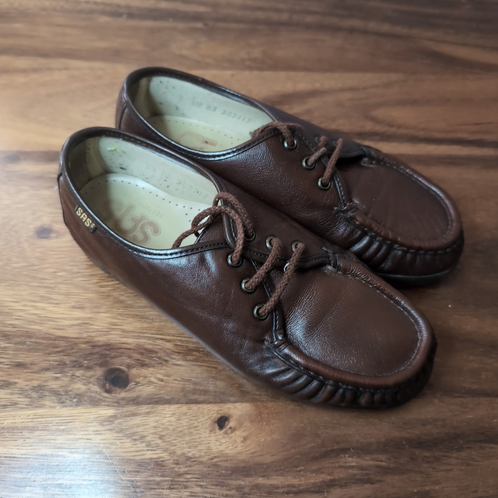 SAS Siesta Antique Walnut Leather Comfort Loafers Womens 7 WW Made in USA